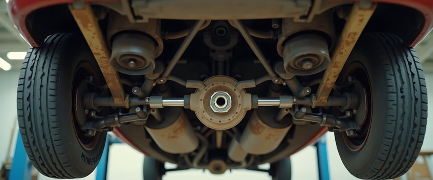 Detailed view of rear axle, suspension, and exhaust system of a classic car from below.