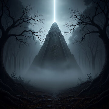 Ancient stone pyramid in foggy mystical forest with light beam
