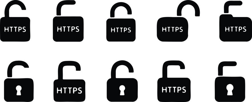 HTTPS padlock icon collection illustration, internet security and encryption concept, black silhouette vector design showing open locks and web protection symbols