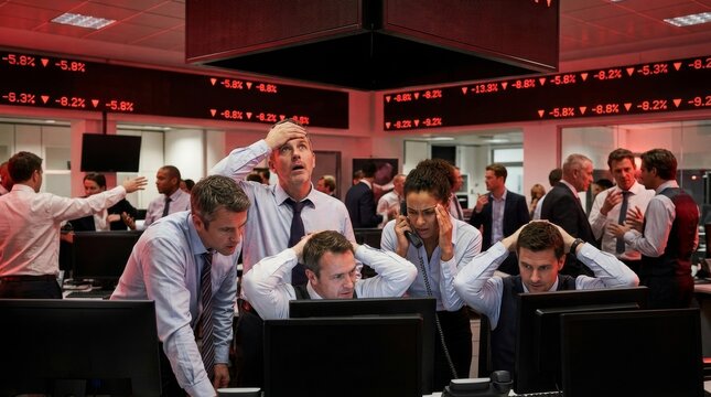 Understanding Financial Turmoil During a Severe Market Downturn, Stock market traders react anxiously to fluctuating prices in a busy trading room.