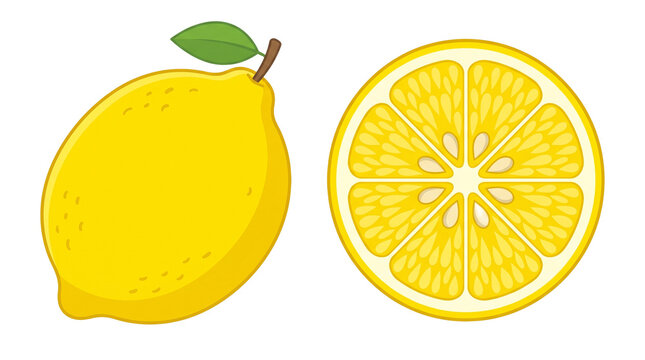 Whole lemon and slice illustration with green leaf and seeds PNG Isolated on transparent background