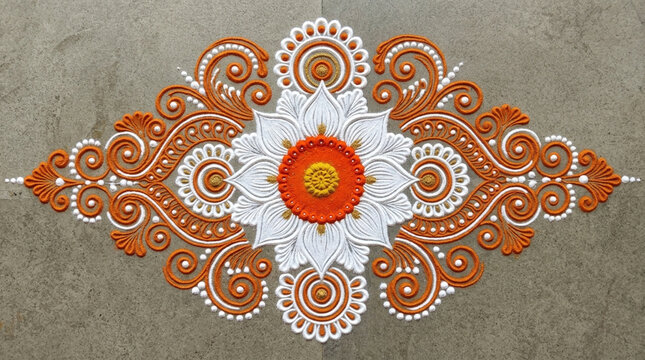 Ornate orange and white rangoli pattern with floral center on grey surface