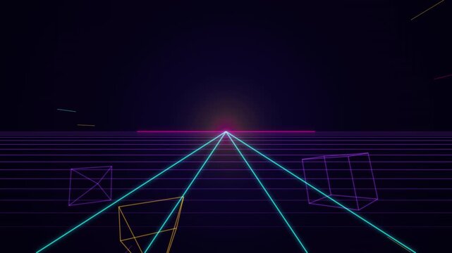 Retro 80s synthwave grid animation with floating neon geometric shapes and laser horizon retrowave