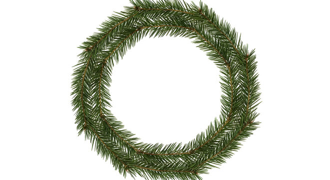 Hand drawn watercolor illustration of a circular evergreen pine tree wreath frame for festive winter holiday and seasonal Christmas decorations