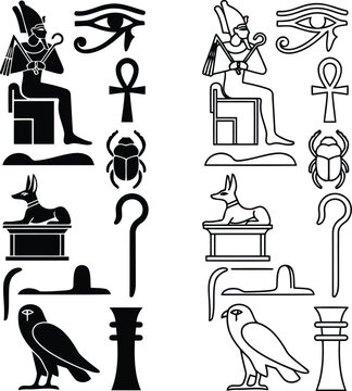 Set of ancient egyptian symbols and hieroglyphs icons in black and white styles