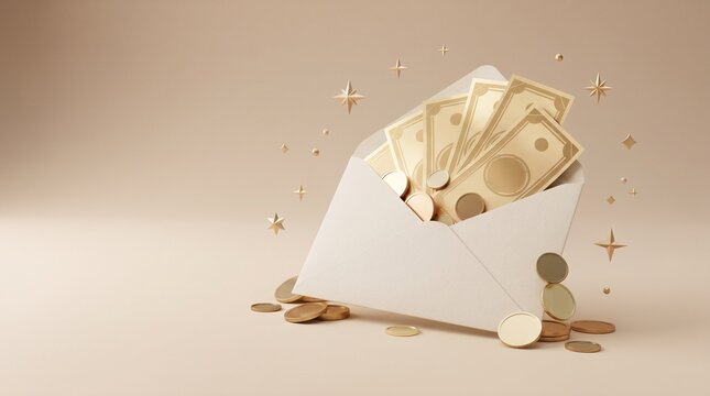 Open envelope containing cash and gold coins representing a financial bonus, salary incentive, employee reward, business achievement, and workplace appreciation.
