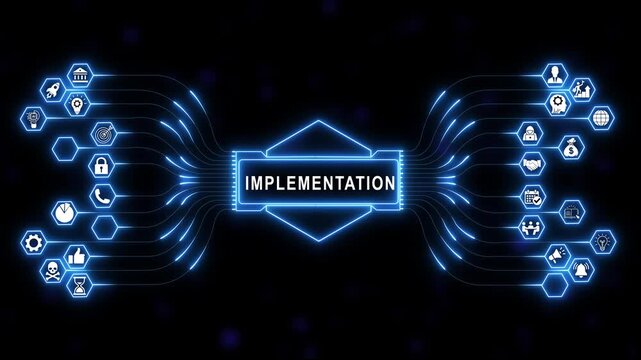 Business implementation strategy concept with glowing blue digital network lines, hexagon ui data flow connections, and futuristic technology for corporate presentations