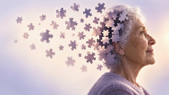  Senior woman profile with her head dissolving into flying puzzle pieces. Surreal metaphorical concept for Alzheimer's disease, dementia, and memory loss.