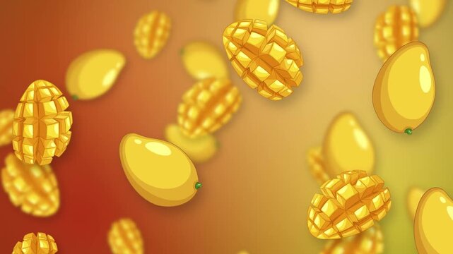 Falling Whole and Sliced Mangoes on Vibrant Gradient Mesh Background