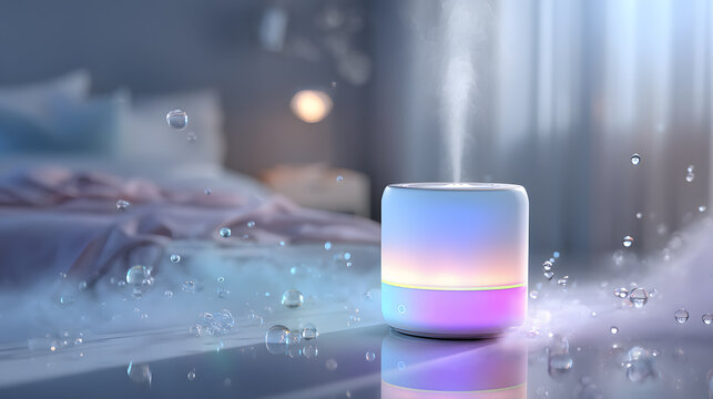 Modern ultrasonic air humidifier and essential oil diffuser with colorful LED mood lighting emitting mist in a cozy bedroom