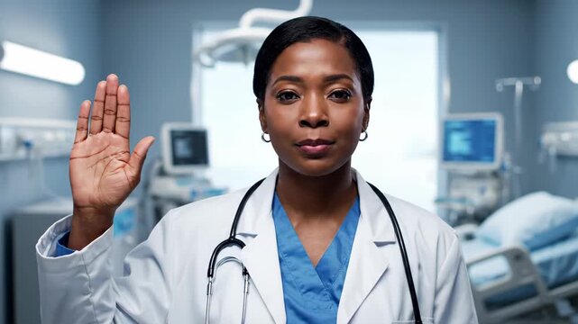 A female doctor raises her hand in the hospital to signal, and the doctor raises her hand to take an oath