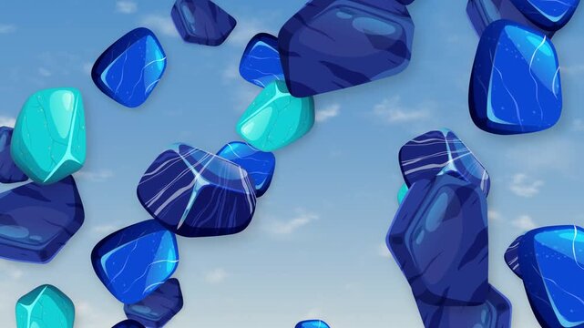 Stylized Blue Stones and Crystals Falling Through a Clear Sky