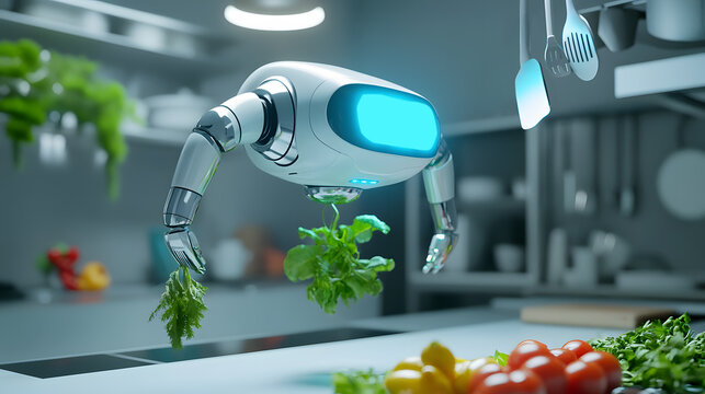 Futuristic robot preparing fresh vegetables in a modern automated kitchen