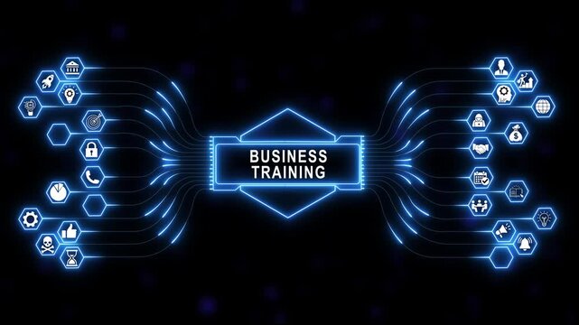 Comprehensive digital business training concept displayed on glowing futuristic interface screen with interconnected hexagonal nodes and management for corporate success programs