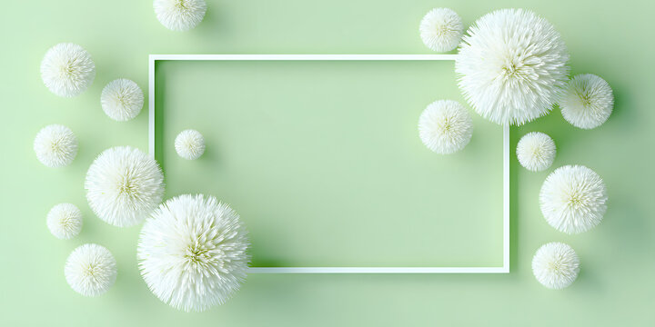 White fluffy flower pom-poms on a soft light green background with copy space