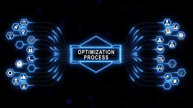 Comprehensive digital business optimization process concept animation featuring glowing blue futuristic network nodes connecting hexagon data and management symbols on black background