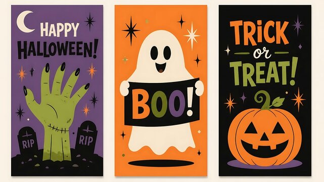Set of three Halloween greeting cards with ghost, zombie hand and pumpkin