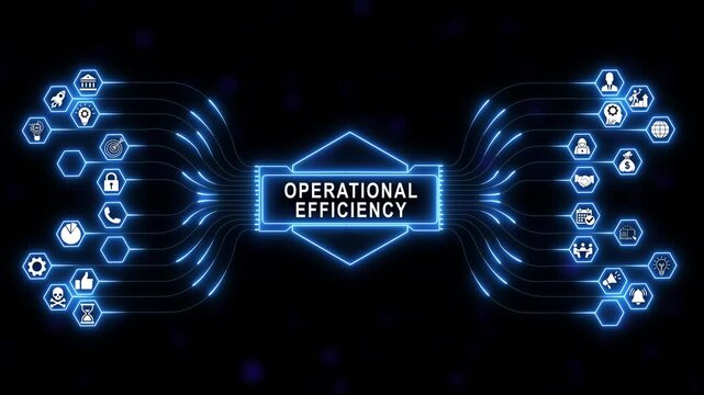 Operational efficiency concept animated digital diagram with glowing blue neon futuristic network nodes business process optimization and management strategy connected to central hub interface