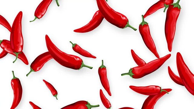 Red Chili Peppers Falling Downward on a Plain White Background