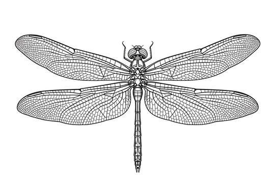 Technical line drawing and scientific illustration of a dragonfly isolated on transparent background