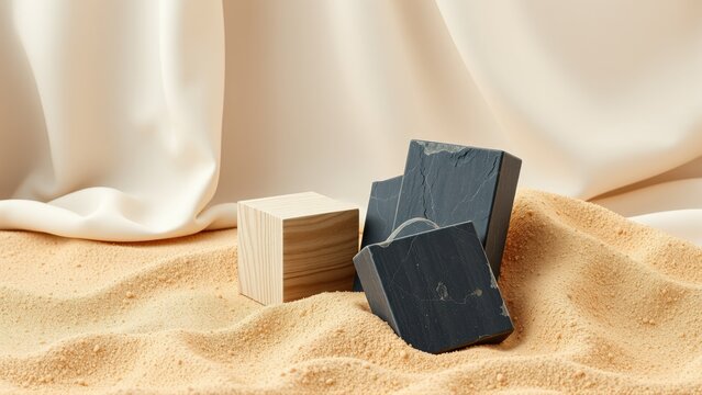Wooden cubes, dark stones rest upon sand. Soft fabric drapes background. Minimalist composition, neutral tones present. Simple studio setup.