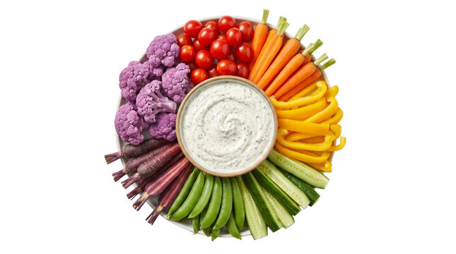 Colorful vegetable crudite platter with creamy dip, fresh raw veggie snack tray, healthy appetizer assortment on white background