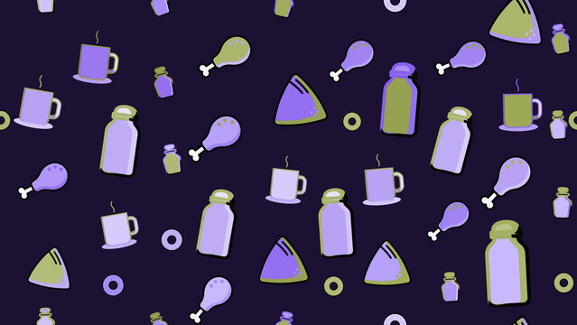 Food Pattern with Chicken Legs, Mugs, and Bottles