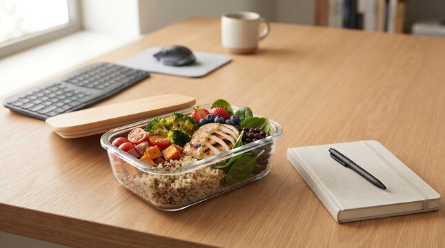 Healthy grilled chicken and vegetable salad meal prep container on a wooden office desk with lunch container salad bowl work lunch computer keyboard coffee mug