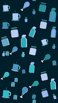 Pattern of mugs, chicken legs, and jars