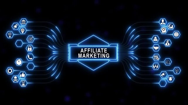 Animated affiliate marketing concept with glowing blue digital network lines connecting business and internet technology symbols on dark background, for corporate presentations, and online success