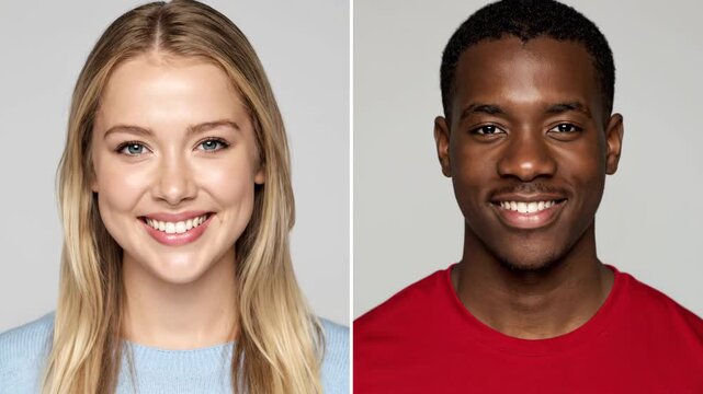 Close-up of smiling faces of men and women, multiple sets of smiling profile pictures of men and women