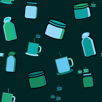 Seamless pattern of jars, bottles, and coffee cups