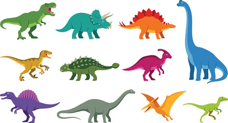 Colorful Dinosaur Cartoon Character Set with Trex, Triceratops, Stegosaurus, Brachiosaurus, Spinosaurus, and Pterodactyl Illustrations © Mustak