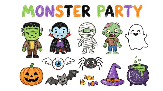 Cute handdrawn halloween monster party elements set including frankenstein, vampire, mummy, zombie, ghost, pumpkin, bat, spider, witch hat, and cauldron isolated on white background