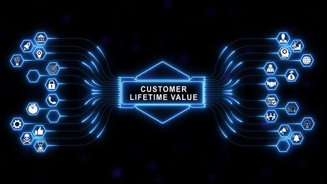Animated customer lifetime value clv business concept with glowing neon blue network hud interface diagram connecting financial growth marketing strategy and consumer retention