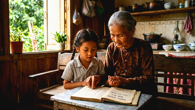Elderly Asian woman and young girl reading a book together in a rustic wooden kitchen