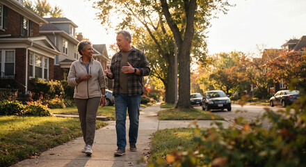 Fototapeta premium A couple discussing health goals while walking through an ordinary neighborhood with a wearable health device subtly visible, natural conversation, no fitness-model aesthetic.