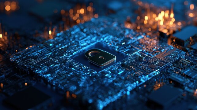 Secure server platform with cybersecurity padlock icon, idea for cloud security, data protection, network privacy
