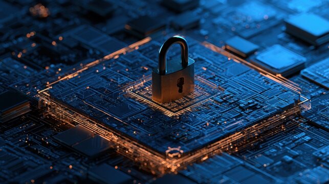 Secure server platform with cybersecurity padlock icon, idea for cloud security, data protection, network privacy
