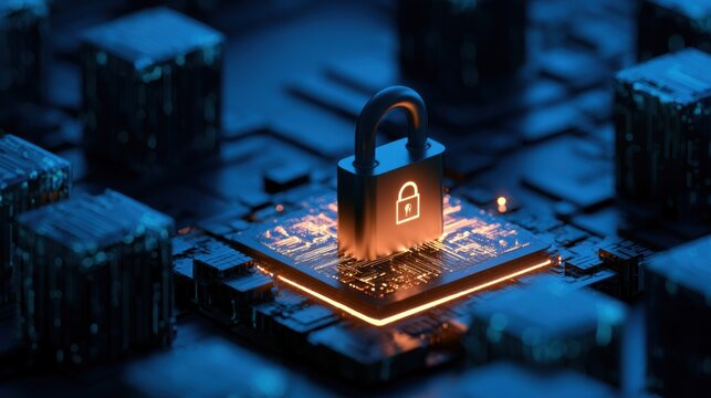 Secure server platform with cybersecurity padlock icon, idea for cloud security, data protection, network privacy
