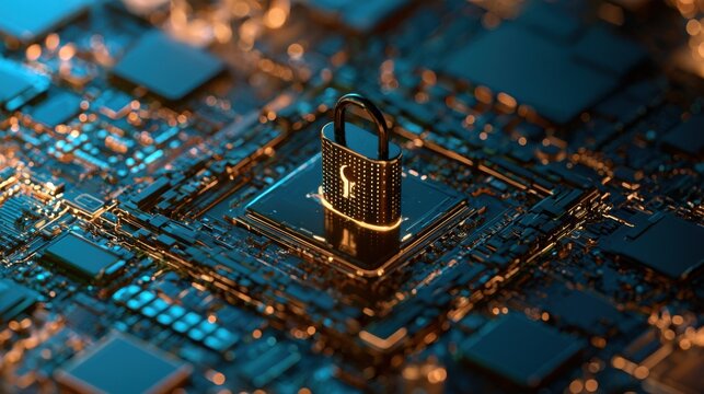 Secure server platform with cybersecurity padlock icon, idea for cloud security, data protection, network privacy
