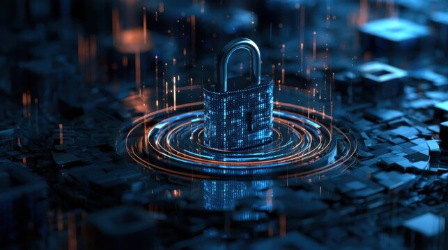 Secure server platform with cybersecurity padlock icon, idea for cloud security, data protection, network privacy
