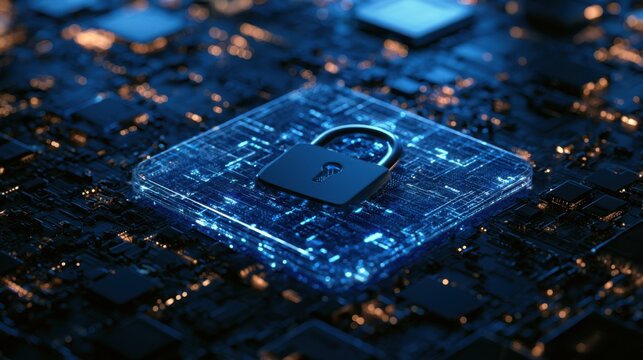 Secure server platform with cybersecurity padlock icon, idea for cloud security, data protection, network privacy
