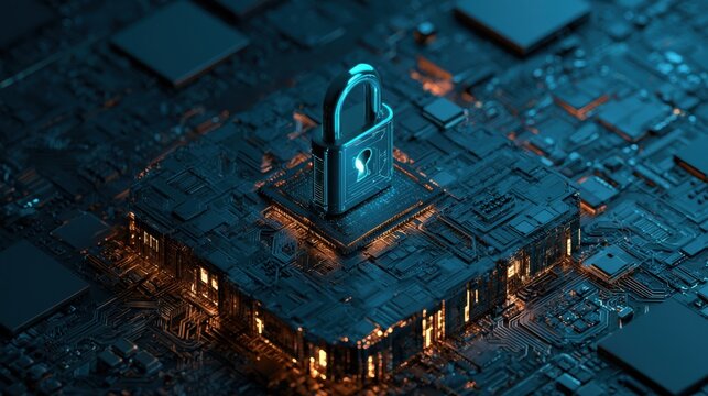 Secure server platform with cybersecurity padlock icon, idea for cloud security, data protection, network privacy
