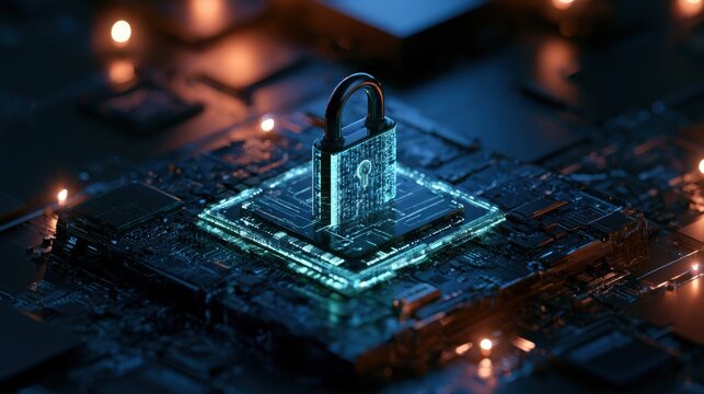 Secure server platform with cybersecurity padlock icon, idea for cloud security, data protection, network privacy
