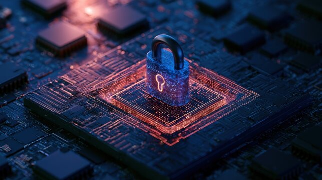 Secure server platform with cybersecurity padlock icon, idea for cloud security, data protection, network privacy

