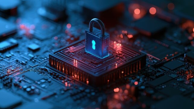 Secure server platform with cybersecurity padlock icon, idea for cloud security, data protection, network privacy
