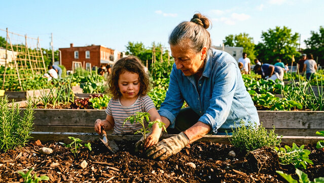 Senior woman and young girl planting vegetables together in a community garden during a sunny day