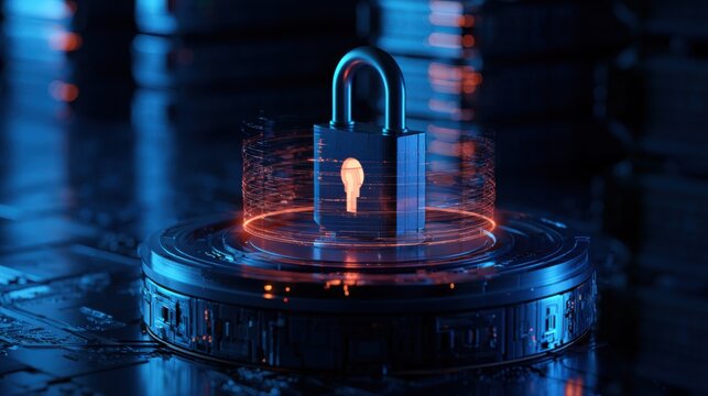 Secure server platform with cybersecurity padlock icon, idea for cloud security, data protection, network privacy
