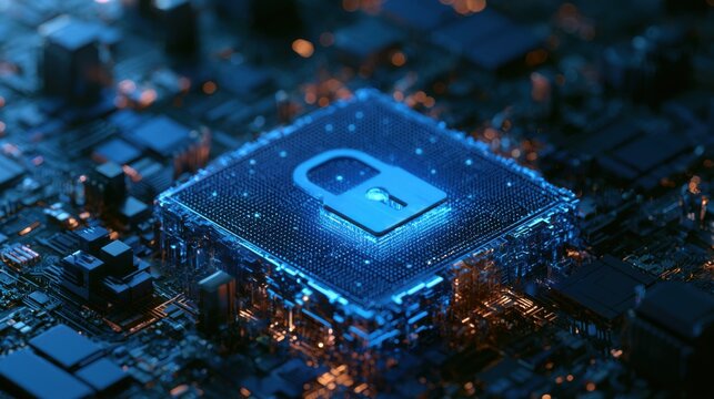 Secure server platform with cybersecurity padlock icon, idea for cloud security, data protection, network privacy
